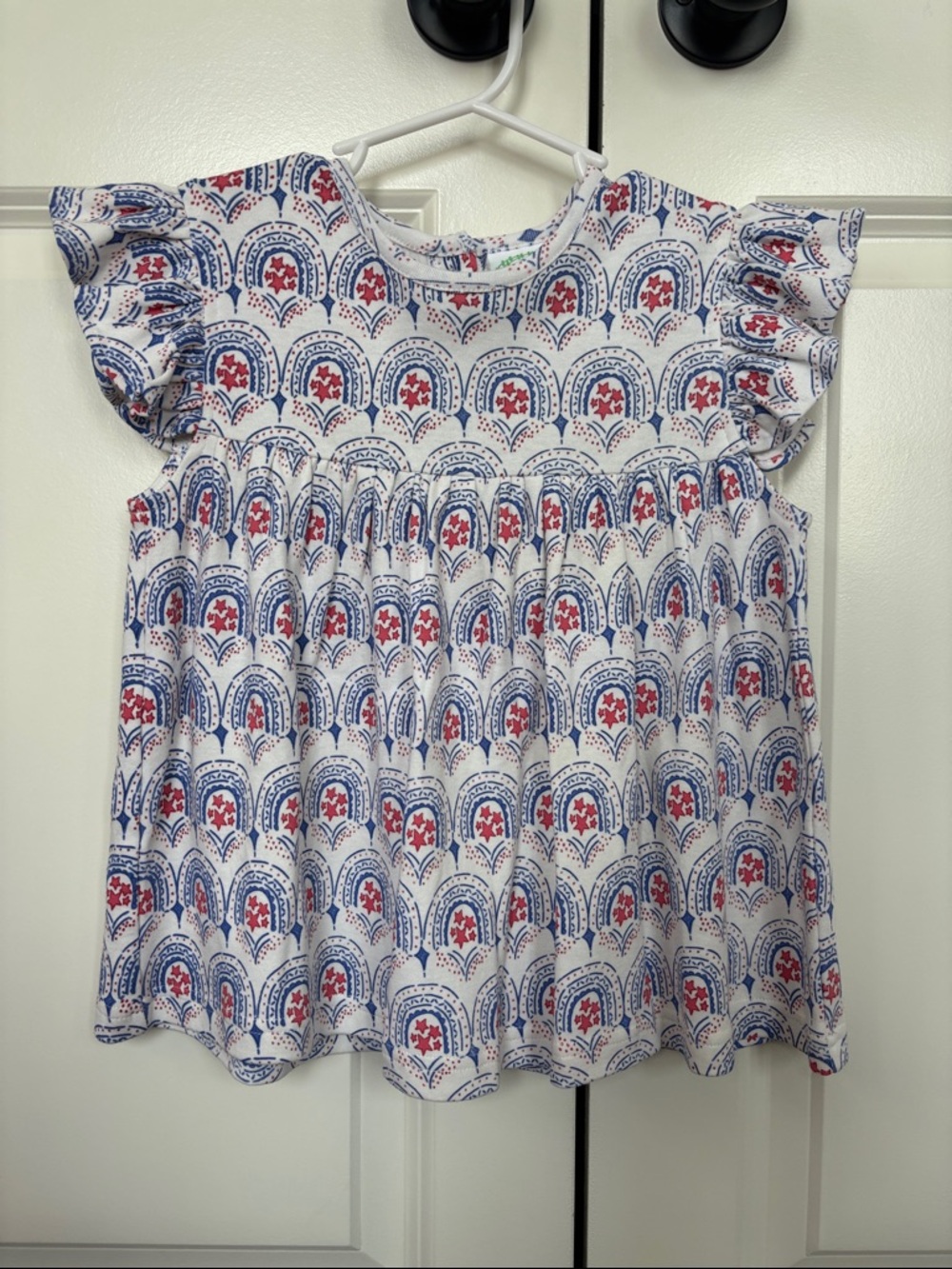 Girls' White Red & Blue Printed Flutter Sleeve Top